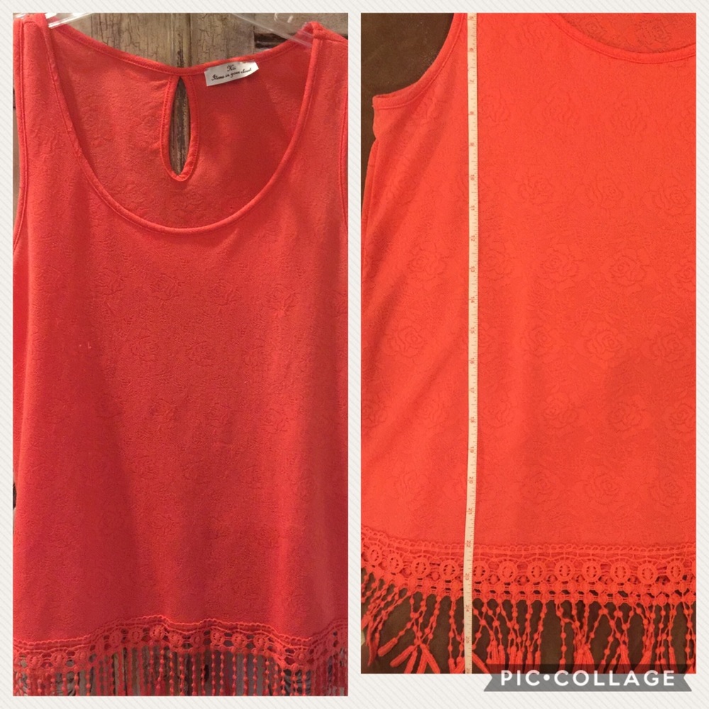 Tank with fringe bottom, rose embellished fabric.